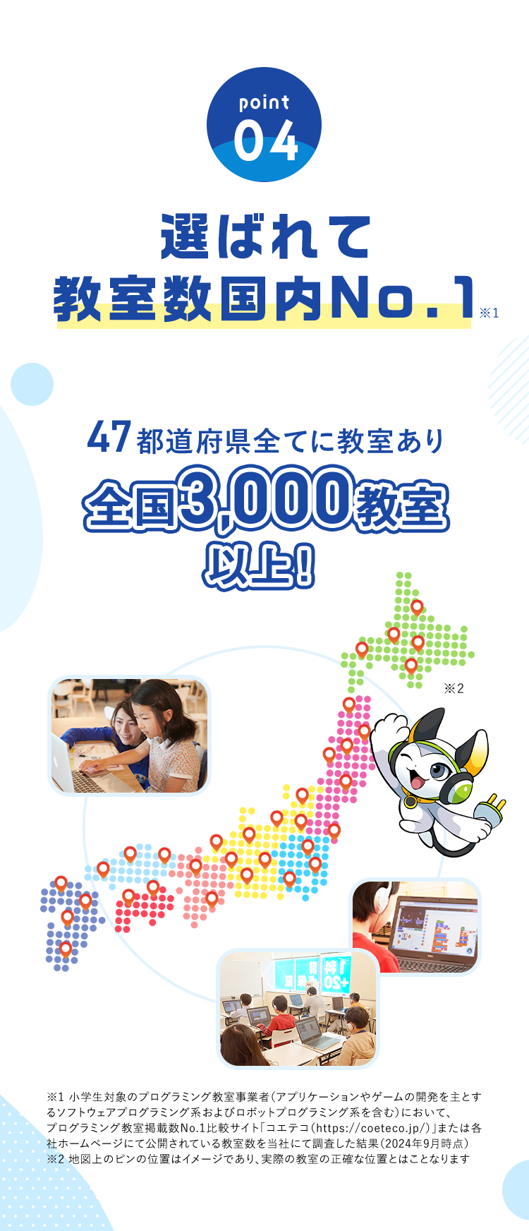 point04選ばれて教室数国内No.147都道府県全てに教室あり全国3,000 教室以上!